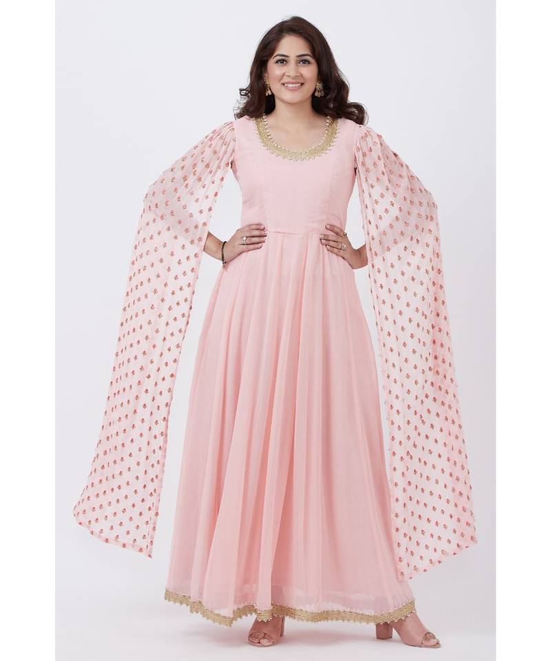 Blush Pink Embroidered Cape Sleeves Floorlength