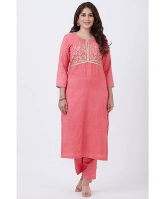 Peach Silk Embroiderd Straight Kurti with Pants 1