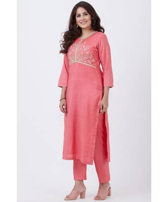 Peach Silk Embroiderd Straight Kurti with Pants 2