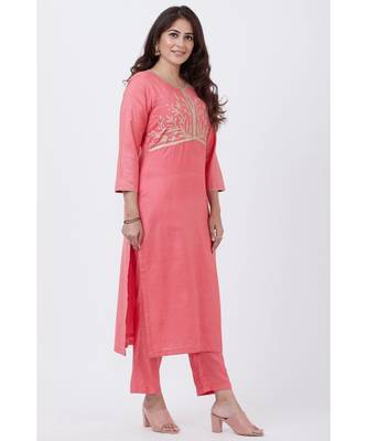 Peach Silk Embroiderd Straight Kurti with Pants 3
