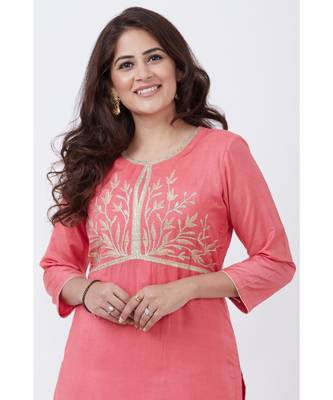 Peach Silk Embroiderd Straight Kurti with Pants 4