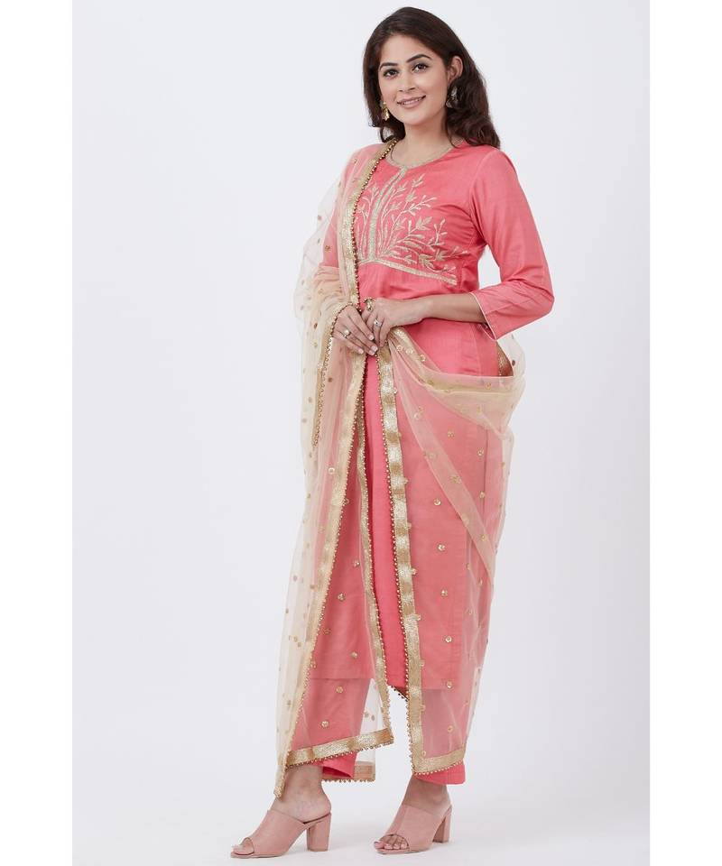Peach Silk Embroiderd Straight Kurti with Pants and Gold Net Sequins Dupatta