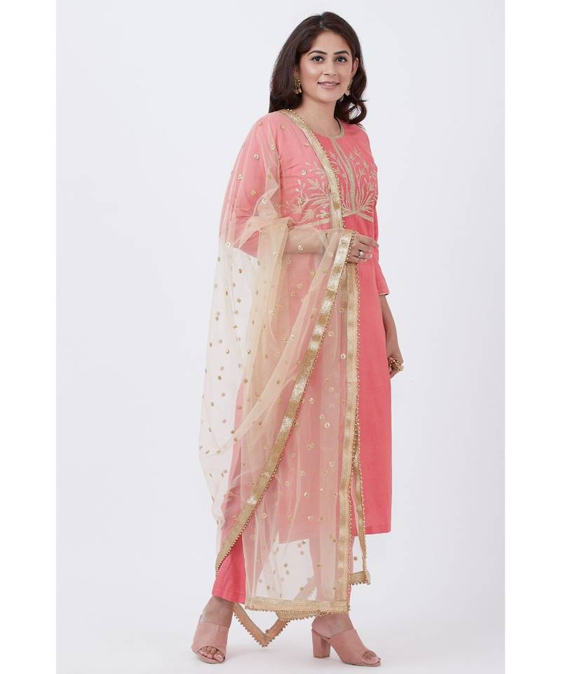 Peach Silk Embroiderd Straight Kurti with Pants and Gold Net Sequins Dupatta
