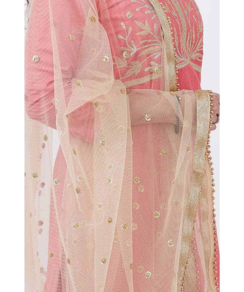 Peach Silk Embroiderd Straight Kurti with Pants and Gold Net Sequins Dupatta