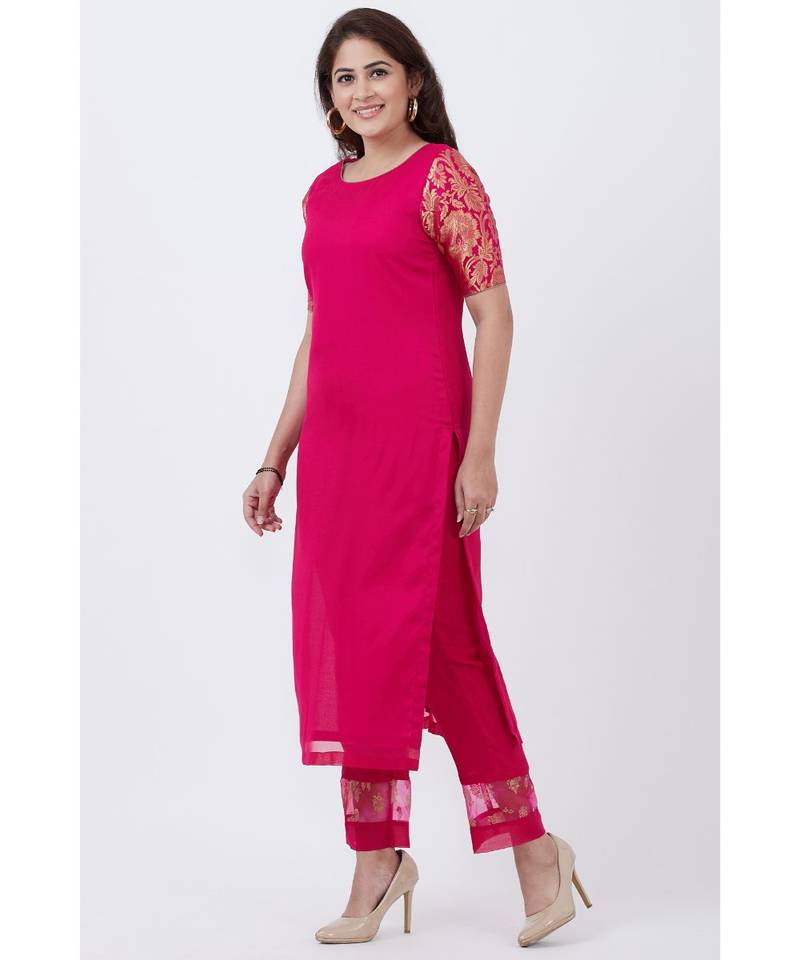 Magenta Georgette Brocade Kurti with Straight Pants