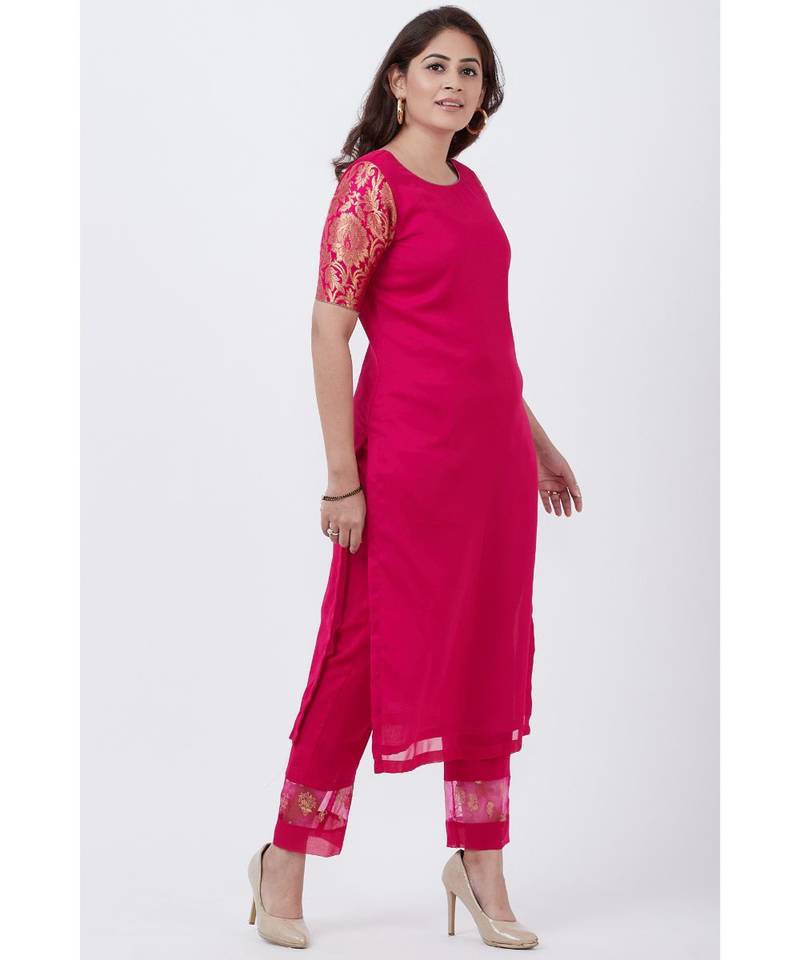 Magenta Georgette Brocade Kurti with Straight Pants