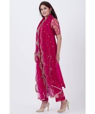 Magenta Georgette Brocade Kurti with Pants and Embroidered Net Dupatta 1