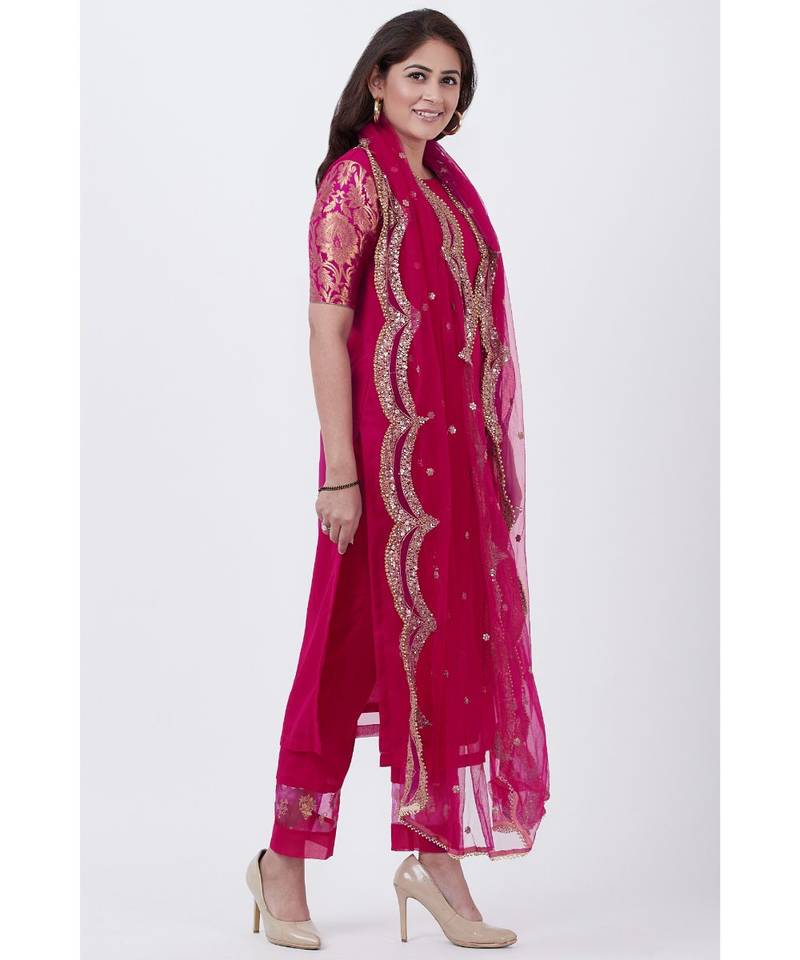 Magenta Georgette Brocade Kurti with Pants and Embroidered Net Dupatta