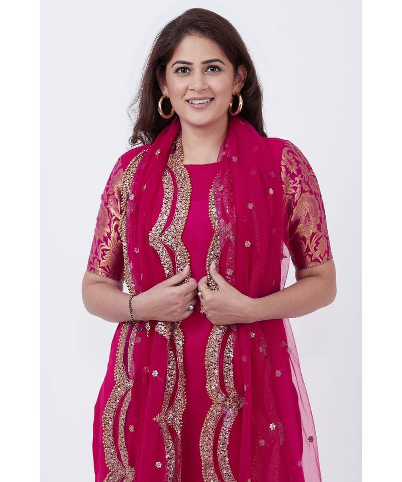 Magenta Georgette Brocade Kurti with Pants and Embroidered Net Dupatta