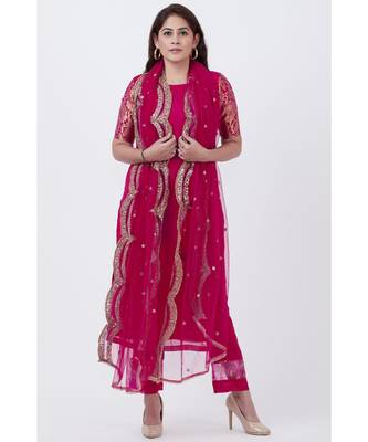 Magenta Georgette Brocade Kurti with Pants and Embroidered Net Dupatta 4
