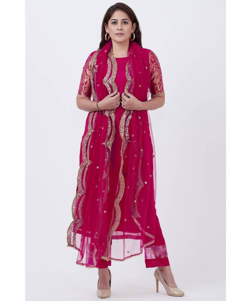 Magenta Georgette Brocade Kurti with Pants and Embroidered Net Dupatta