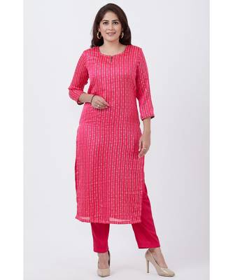 Magenta Foil Printed Straight Lines Kurti with Straight Pants 1