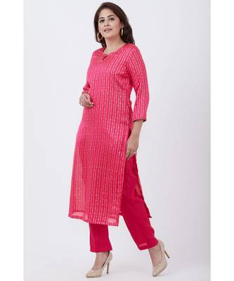 Magenta Foil Printed Straight Lines Kurti with Straight Pants 2