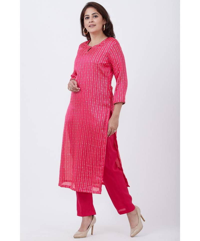Magenta Foil Printed Straight Lines Kurti with Straight Pants