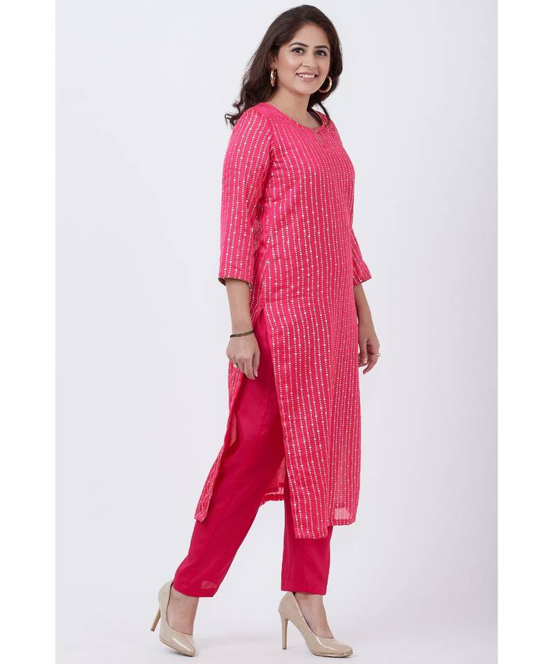 Magenta Foil Printed Straight Lines Kurti with Straight Pants