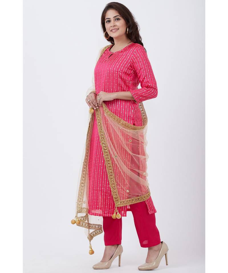Magenta Foil Printed Straight Lines Kurti with Pants and Net Mirror Stone Dupatta