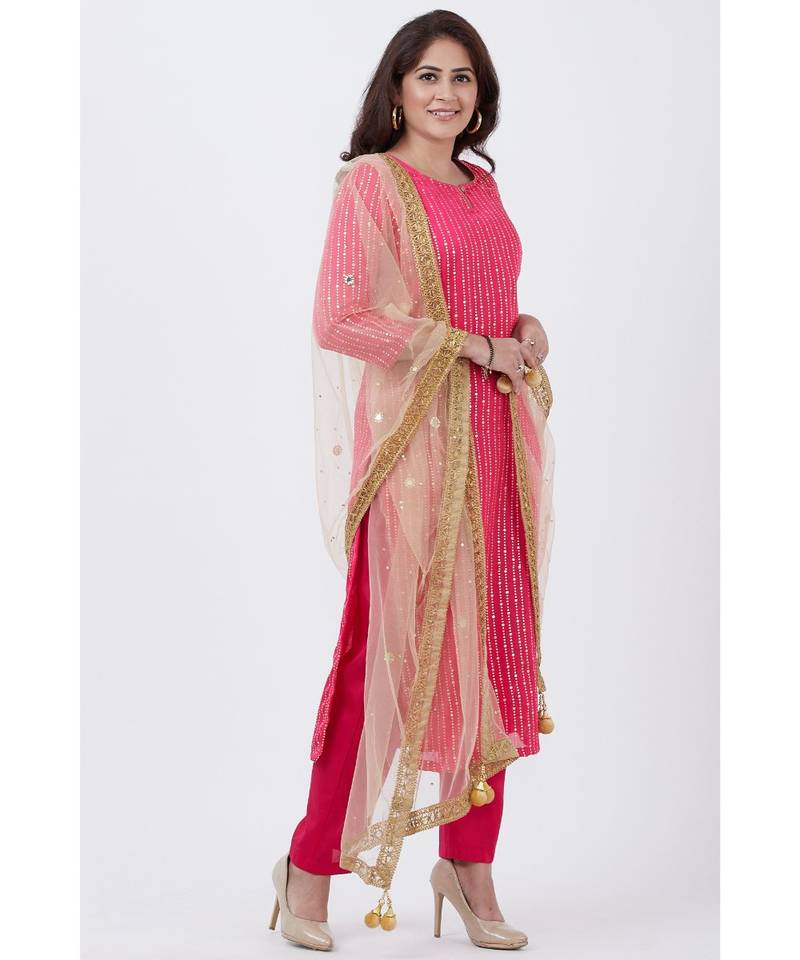 Magenta Foil Printed Straight Lines Kurti with Pants and Net Mirror Stone Dupatta