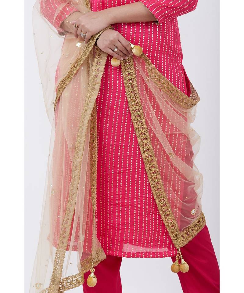 Magenta Foil Printed Straight Lines Kurti with Pants and Net Mirror Stone Dupatta