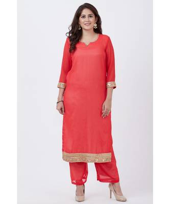 Carrot Pink Georgette Kurti with Pants 1