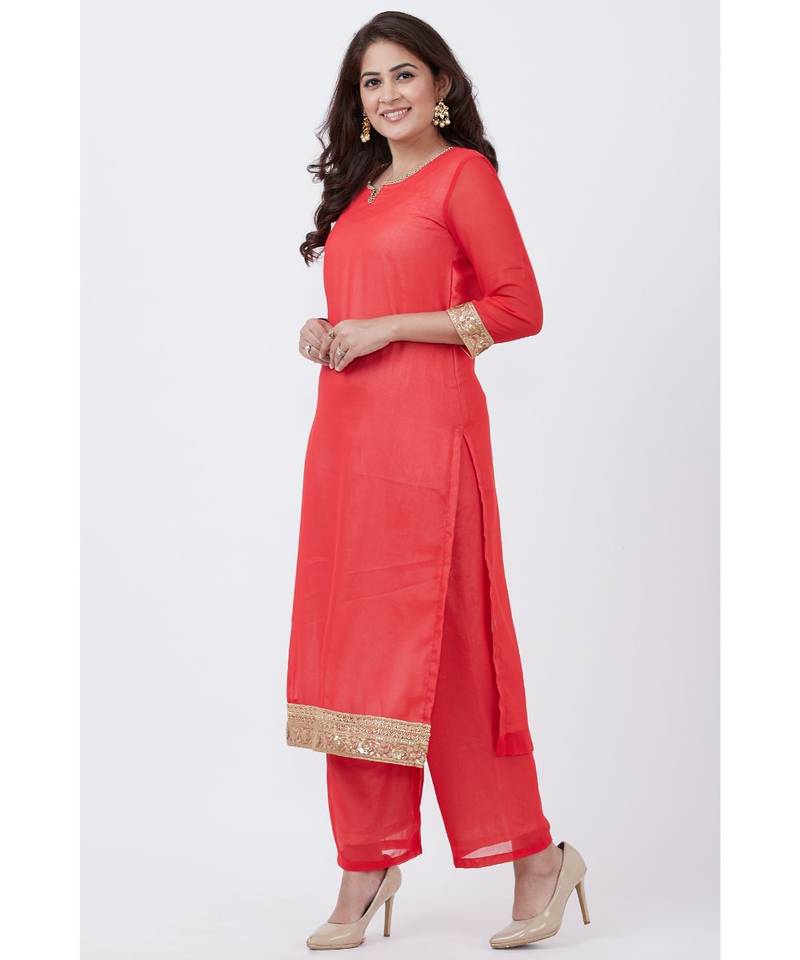 Carrot Pink Georgette Kurti with Pants