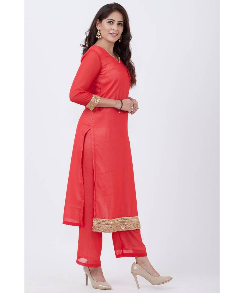 Carrot Pink Georgette Kurti with Pants