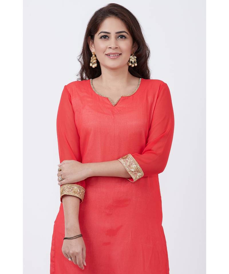 Carrot Pink Georgette Kurti with Pants
