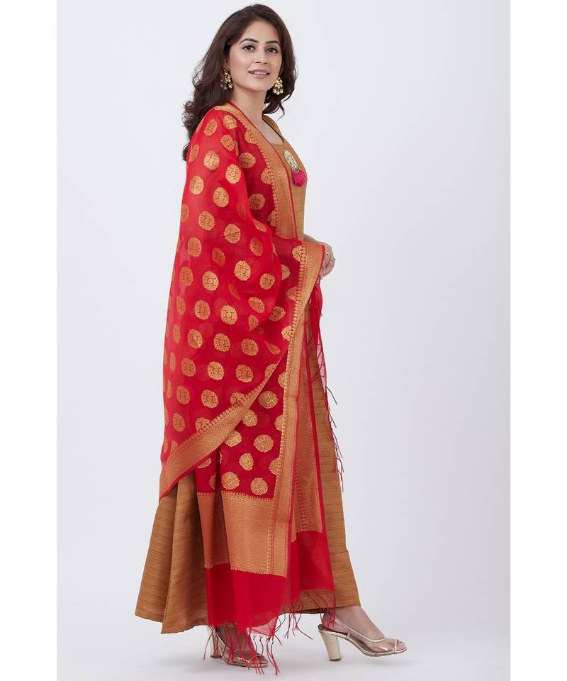 Gold Kundan A-Line Floor Length Kurti with Red Banarsi Dupatta