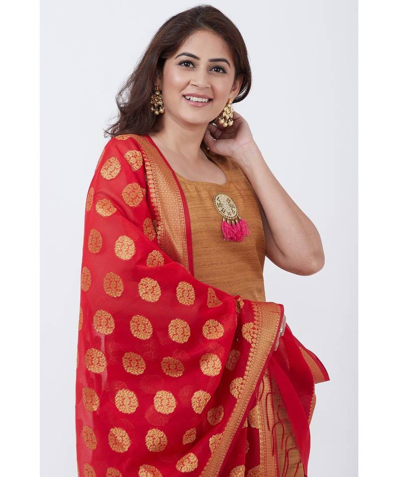 Gold Kundan A-Line Floor Length Kurti with Red Banarsi Dupatta