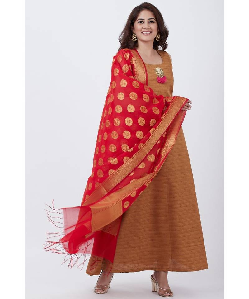 Gold Kundan A-Line Floor Length Kurti with Red Banarsi Dupatta