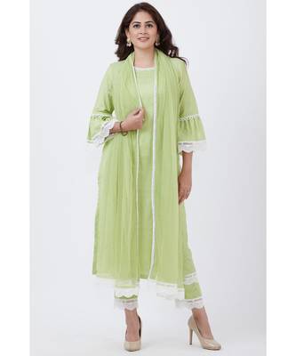 Pista Green Crochet Border Kurti with Pants and Dupatta 1