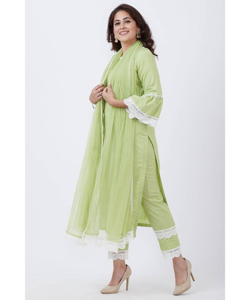 Pista Green Crochet Border Kurti with Pants and Dupatta