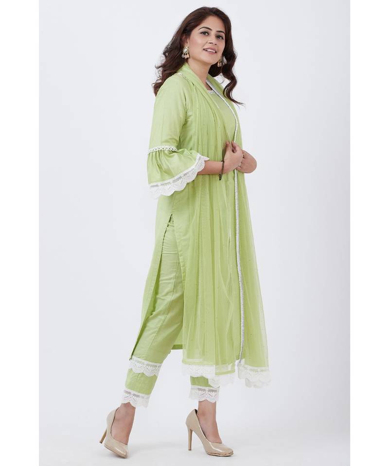 Pista Green Crochet Border Kurti with Pants and Dupatta