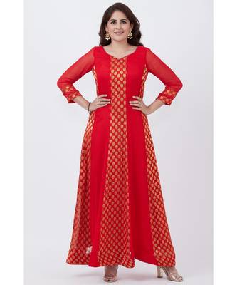 Red and Gold Banarsi Georgette Floorlength Kurti 1