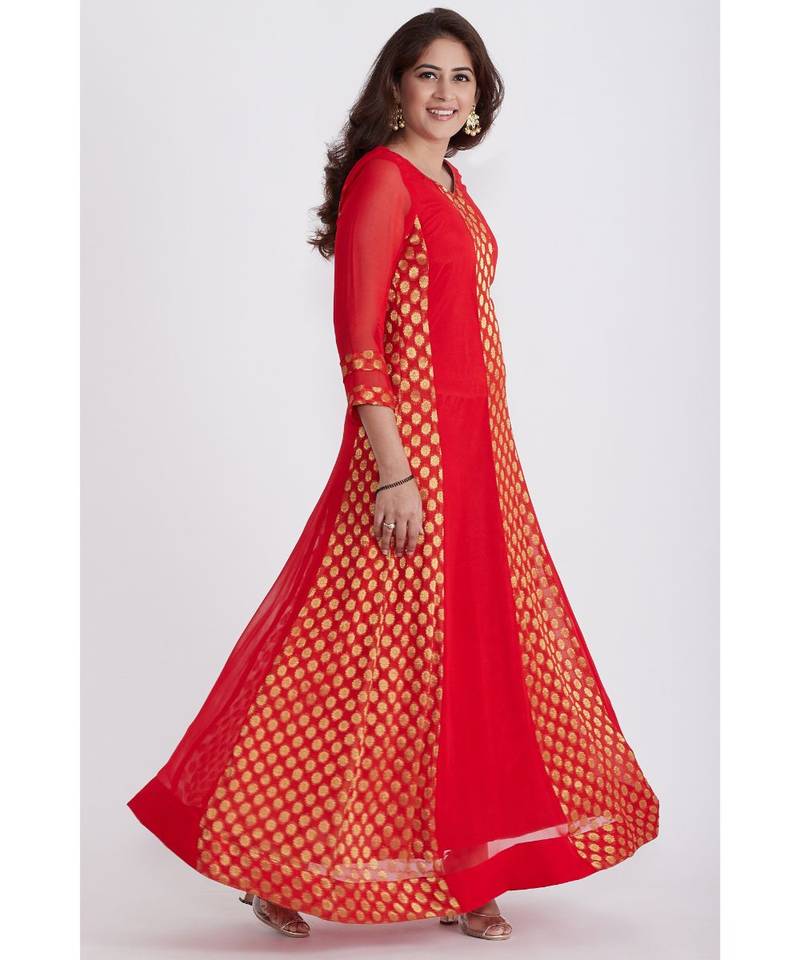 Red and Gold Banarsi Georgette Floorlength Kurti