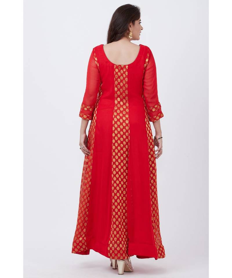 Red and Gold Banarsi Georgette Floorlength Kurti