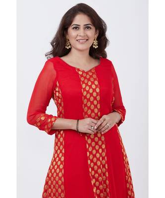Red and Gold Banarsi Georgette Floorlength Kurti 5