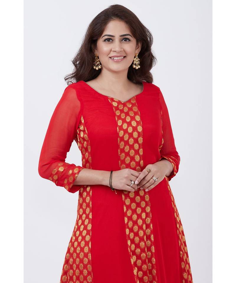 Red and Gold Banarsi Georgette Floorlength Kurti