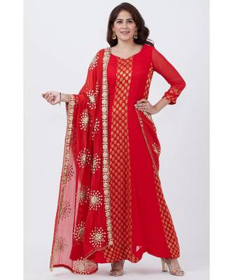 Red and Gold Banarsi Georgette Floorlength with Gotta Patti Chiffon Dupatta 1