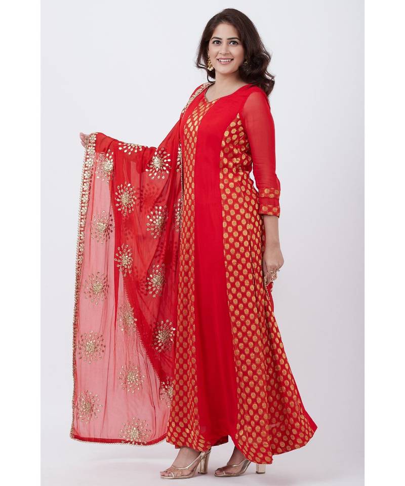 Red and Gold Banarsi Georgette Floorlength with Gotta Patti Chiffon Dupatta