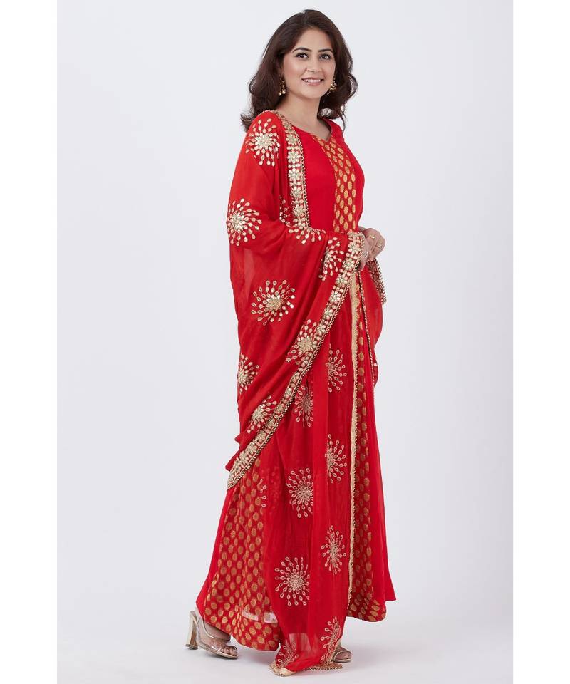Red and Gold Banarsi Georgette Floorlength with Gotta Patti Chiffon Dupatta