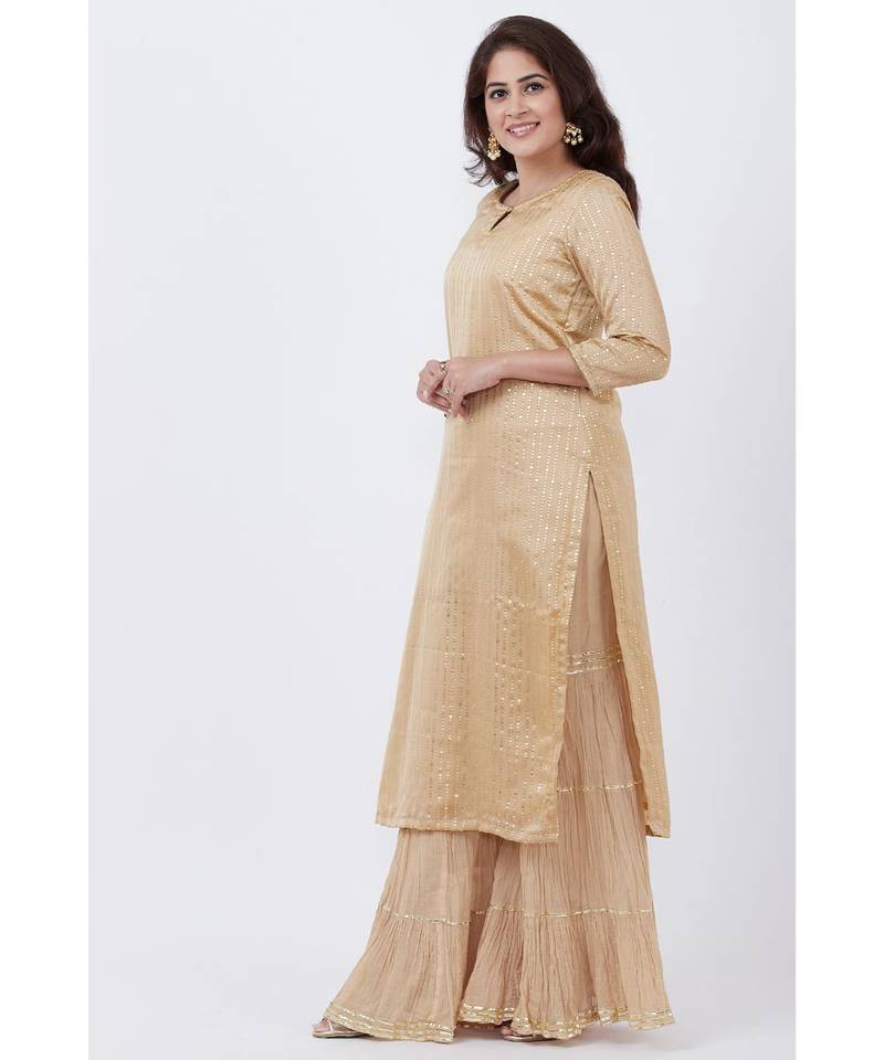 Gold Foil Printed Straight Lines Kurti with Sharara