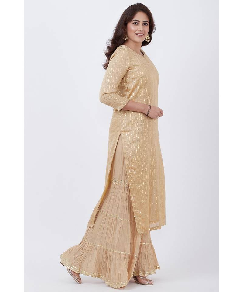 Gold Foil Printed Straight Lines Kurti with Sharara