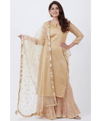 Gold Foil Printed Straight Lines Kurti with Sharara and Net Sequins Dupatta 1