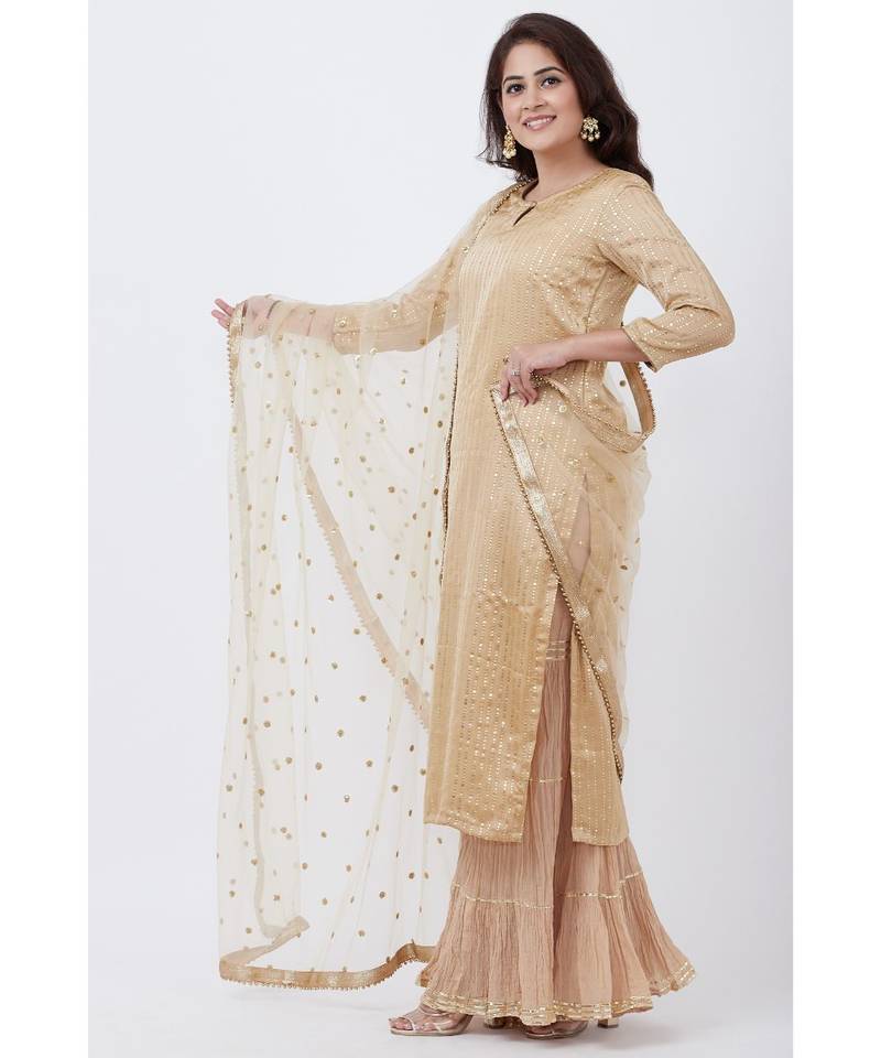 Gold Foil Printed Straight Lines Kurti with Sharara and Net Sequins Dupatta