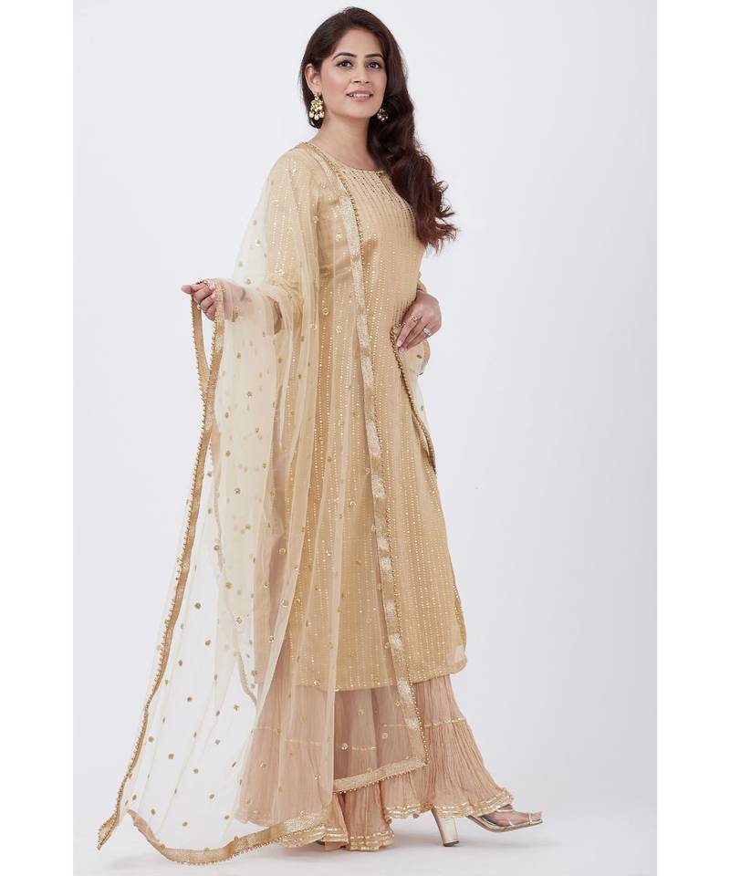 Gold Foil Printed Straight Lines Kurti with Sharara and Net Sequins Dupatta