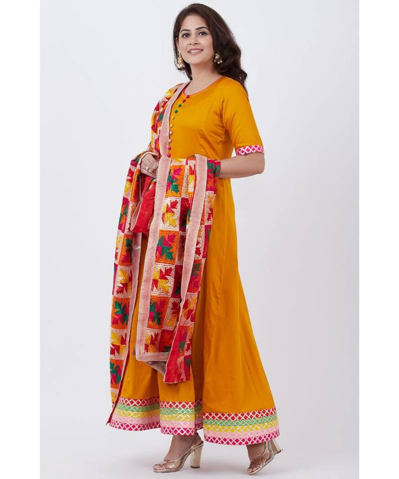 Mustard Multi Border Gotta Floorlength with Festive Phulkari Dupatta