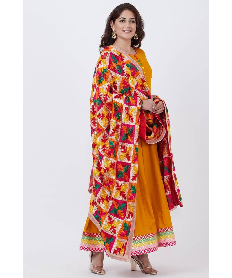 Mustard Multi Border Gotta Floorlength with Festive Phulkari Dupatta