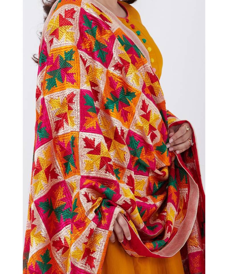 Mustard Multi Border Gotta Floorlength with Festive Phulkari Dupatta