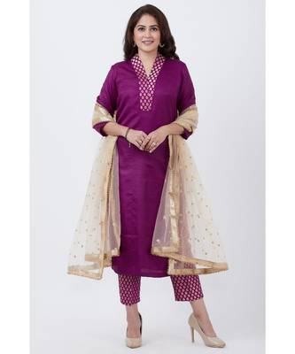 Purple Kurti and Brocade Straight Pants with Gold Net Sequins Dupatta 1