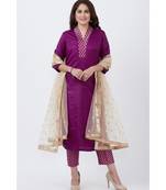 Purple Kurti and Brocade Straight Pants with Gold Net Sequins Dupatta